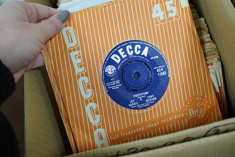 Four boxes of 7 inch singles, all on Decca, MGM and Parlophone record labels, artists include; Connie Francis, Jackie Dennis, Tommy Steele the Southlanders, the Goons the Rolling Stones, Dave Berry, the Fortunes, Billy F